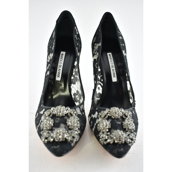 Manolo Blahnik Hangisila Hangisi 105 Black Lace Crystal Buckle Heel Pump 39.5 - Picture 6 of 12